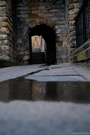 A low-angle view through a stone archway leading to a short flight of steps, with a shallow puddle in the foreground reflecting the dark tunnel and the light beyond.